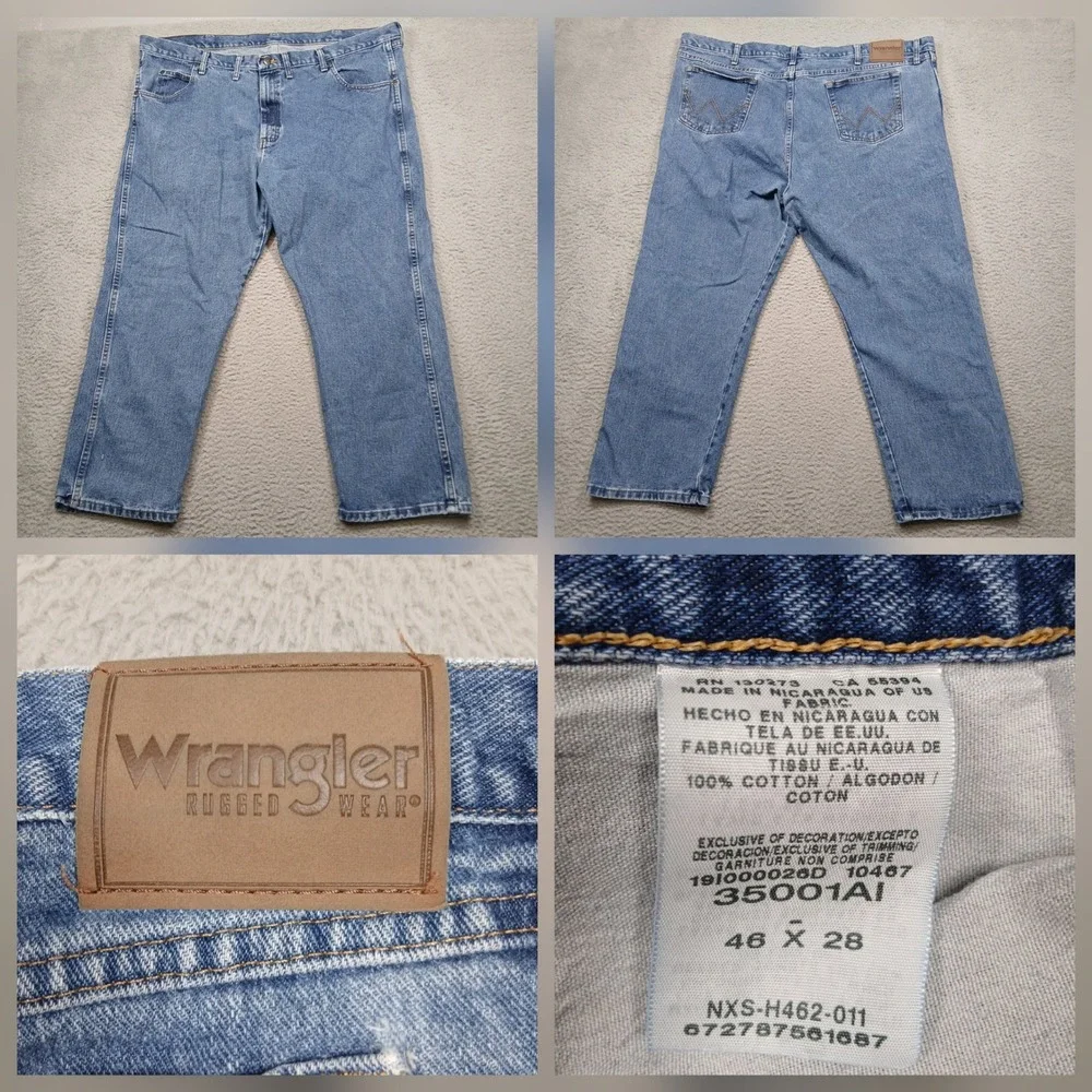 Wrangler‎ Rugged Wear Jeans Men's 46x28 Blue 100% Cotton Denim Made in Nicaragua